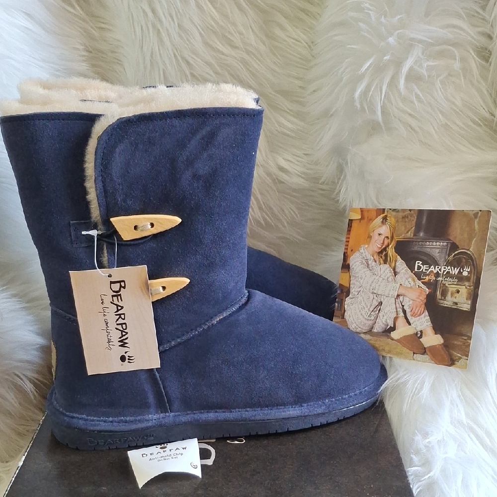 BearPaw Navy Suede Boots with Cream Lining
